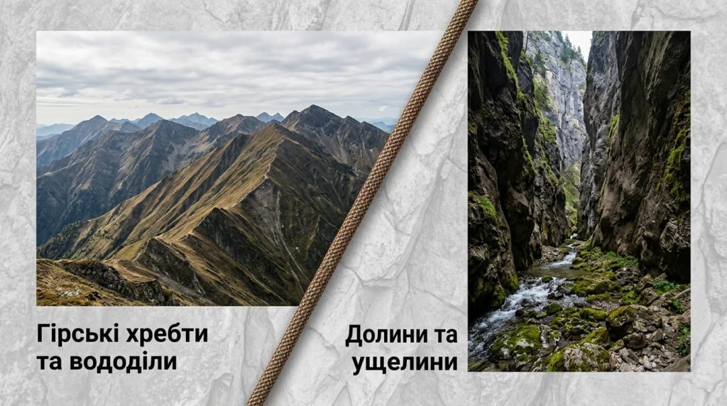 гірські хребти та вододіли / долини та ущелини