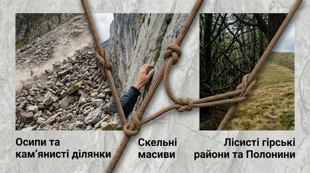 осипи та камнисті ділянки / скельні масиви / лісисті гірські райони та полонини