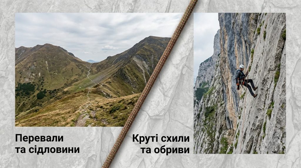 перевали та сідловини / круті схили та обриви